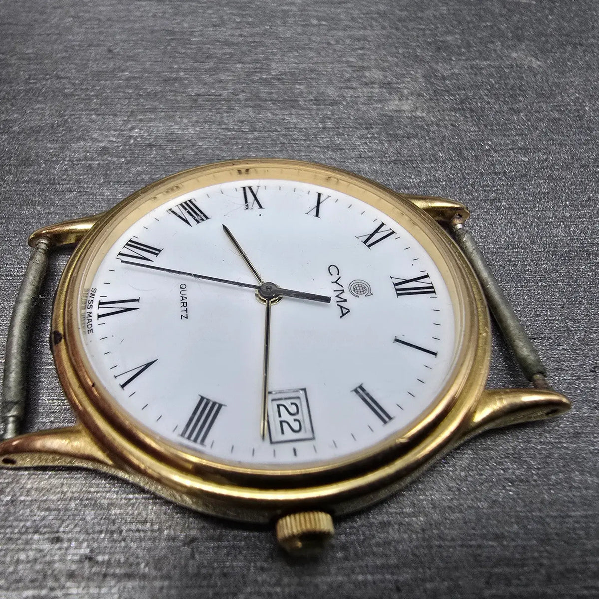 Cyma Watch Men 33mm White Dial Gold Tone Date Round Swiss Vintage PARTS6