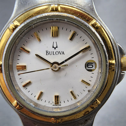 Bulova Watch Women 25mm White Dial Two Tone Date Round 98M36 New Battery A1231