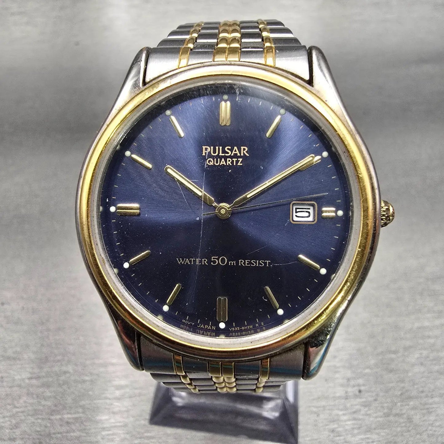 Seiko Pulsar Watch Men 36mm Blue Dial Two Tone Date Round V532-8C70 New Battery0