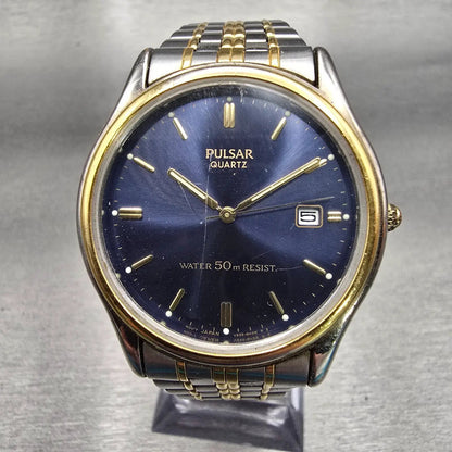 Seiko Pulsar Watch Men 36mm Blue Dial Two Tone Date Round V532-8C70 New Battery0
