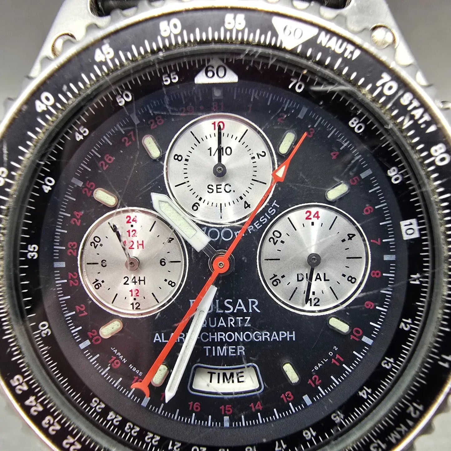 Seiko Pulsar Chronograph Watch Men 41mm Black Dial Silver Alarm Date N945 NewBat1