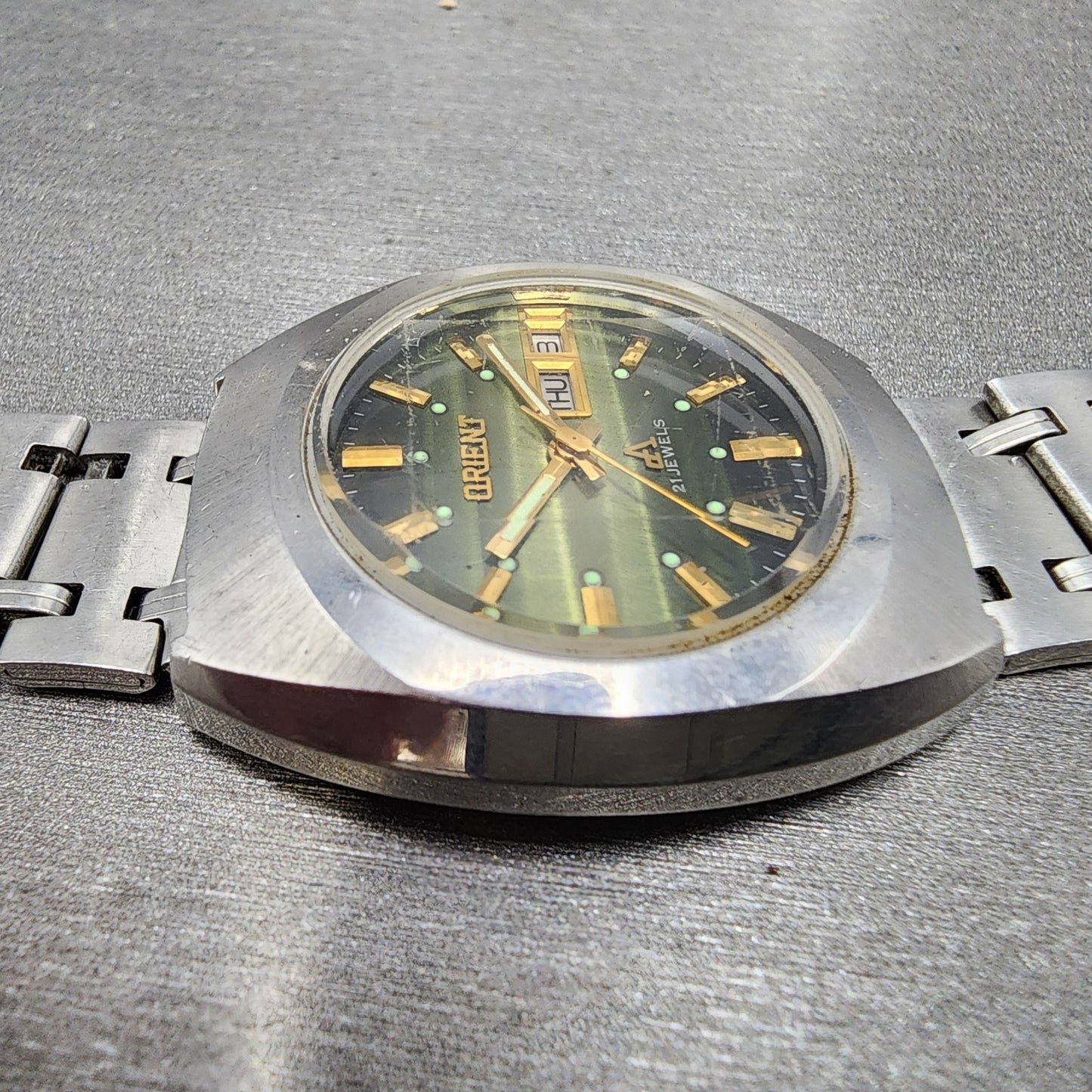 Orient Chrono Ace Watch Men 35mm Green Dial Steel Daydate G42926740 Runs5