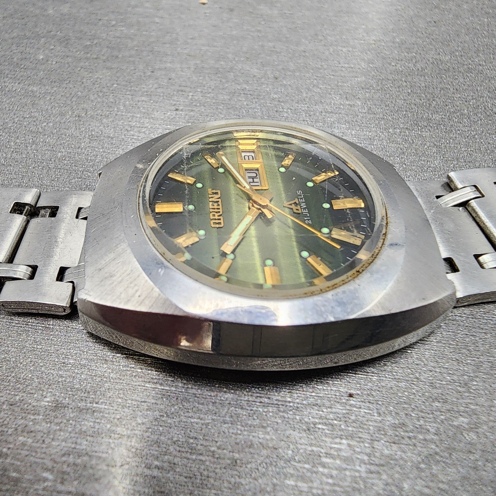 Orient Chrono Ace Watch Men 35mm Green Dial Steel Daydate G42926740 Runs5