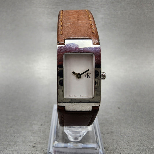 Calvin Klein Tank Watch Women 17mm White Dial Silver Tone Rectangle New Battery0