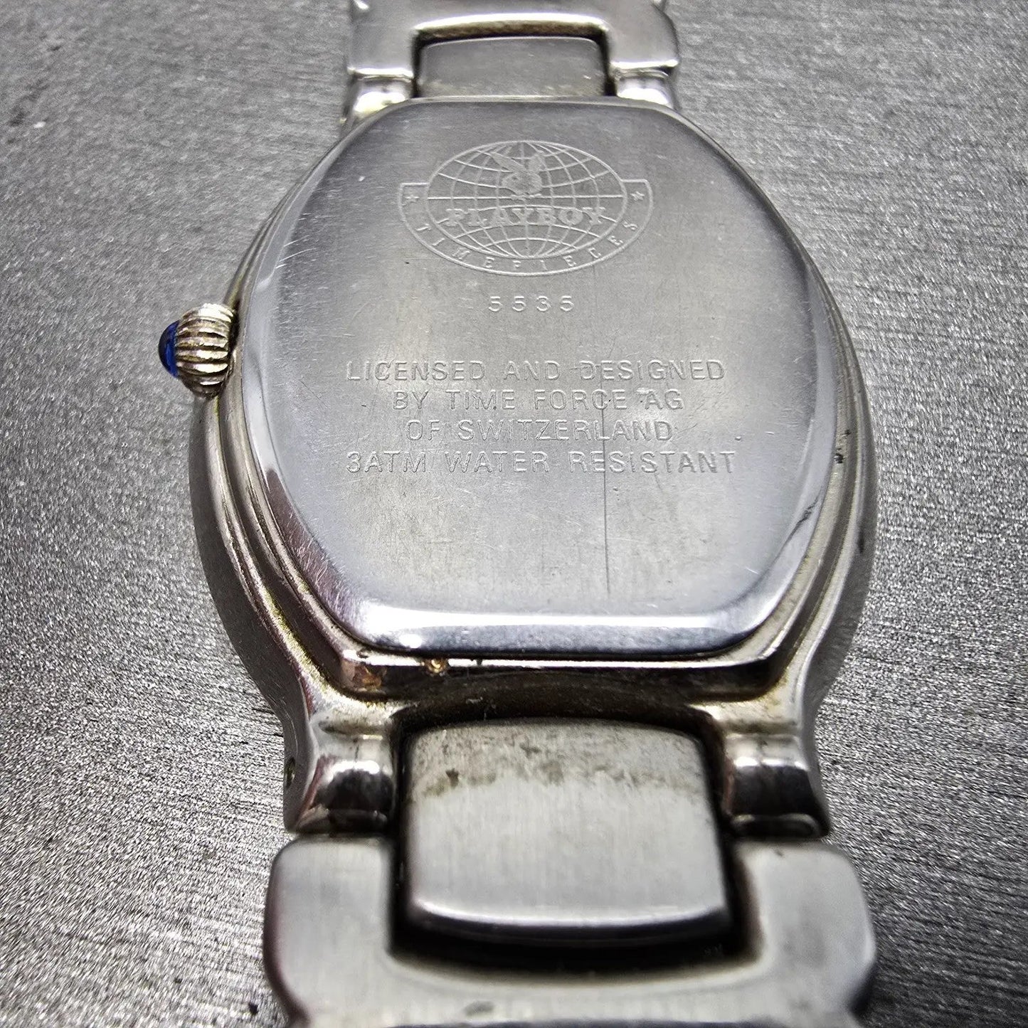 Playboy Watch Men 29mm White Dial Silver Tone Oval New battery MISSING CLASP!!!12