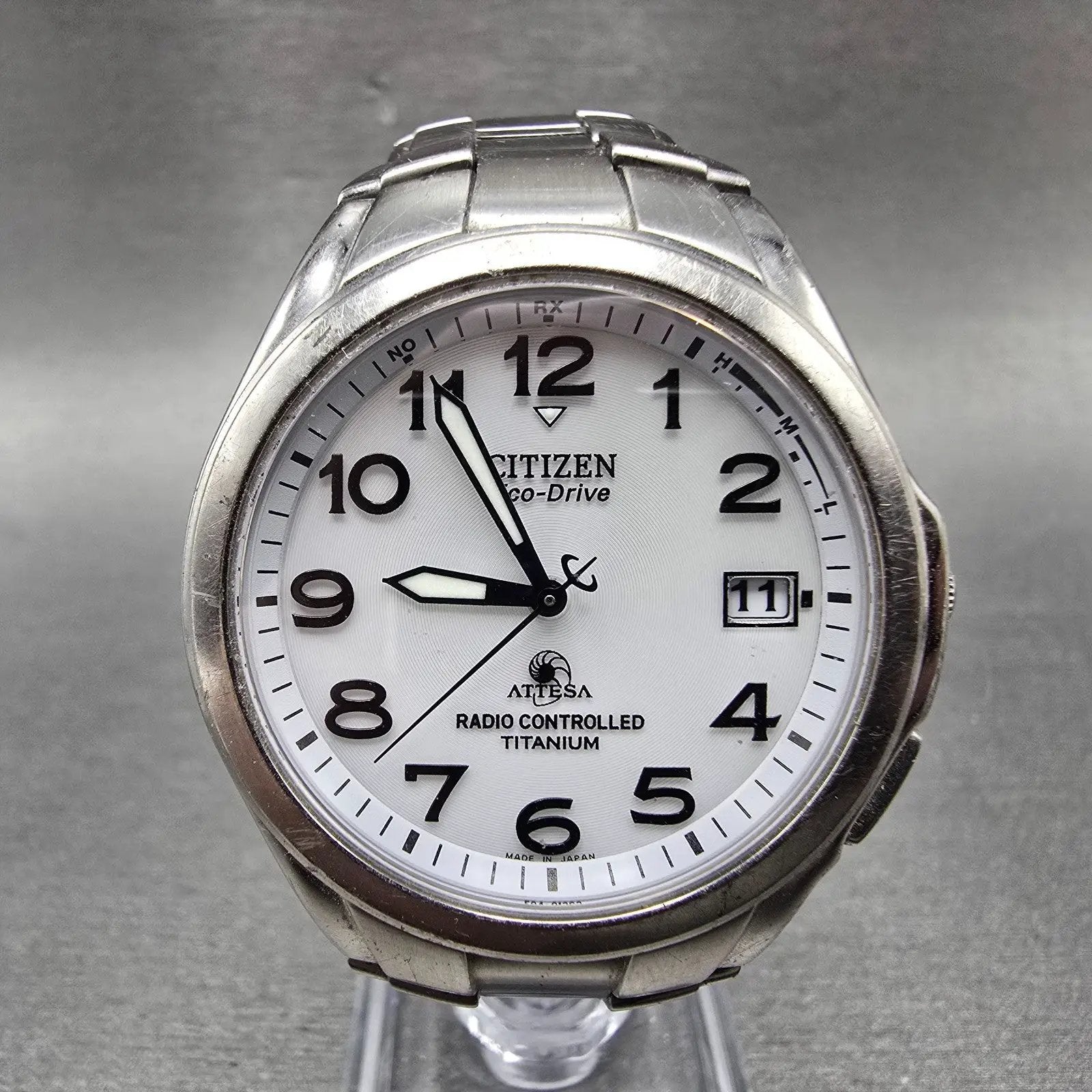 Citizen Eco-Drive Attesa Watch Men 38mm White Dial Titanium Atomic Date PARTS!!!0