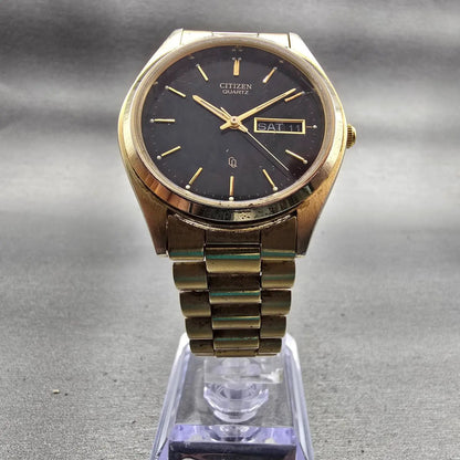 Citizen CQ Watch Men 35mm Black Dial Gold Tone Daydate 6100-S18591 New Battery5