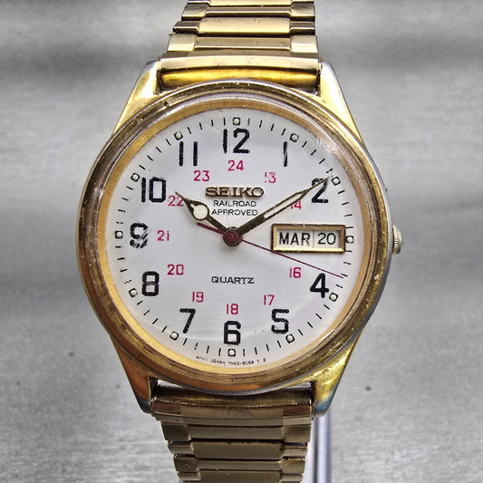 Seiko Railroad Approved Watch Men 35mm White Dial Daydate 7N43-8A39 New Battery0