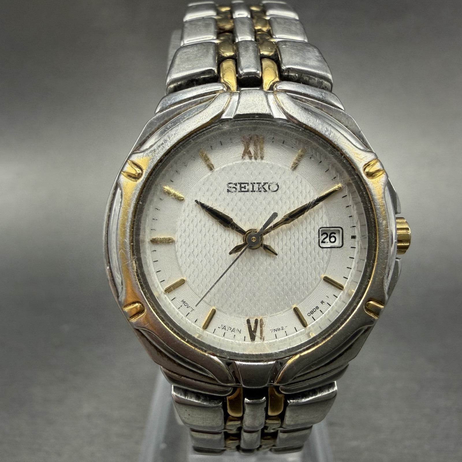 Seiko Watch Women 26mm Silver Dial Two Tone Date Round 7n82-0at0 New Battery JMO0