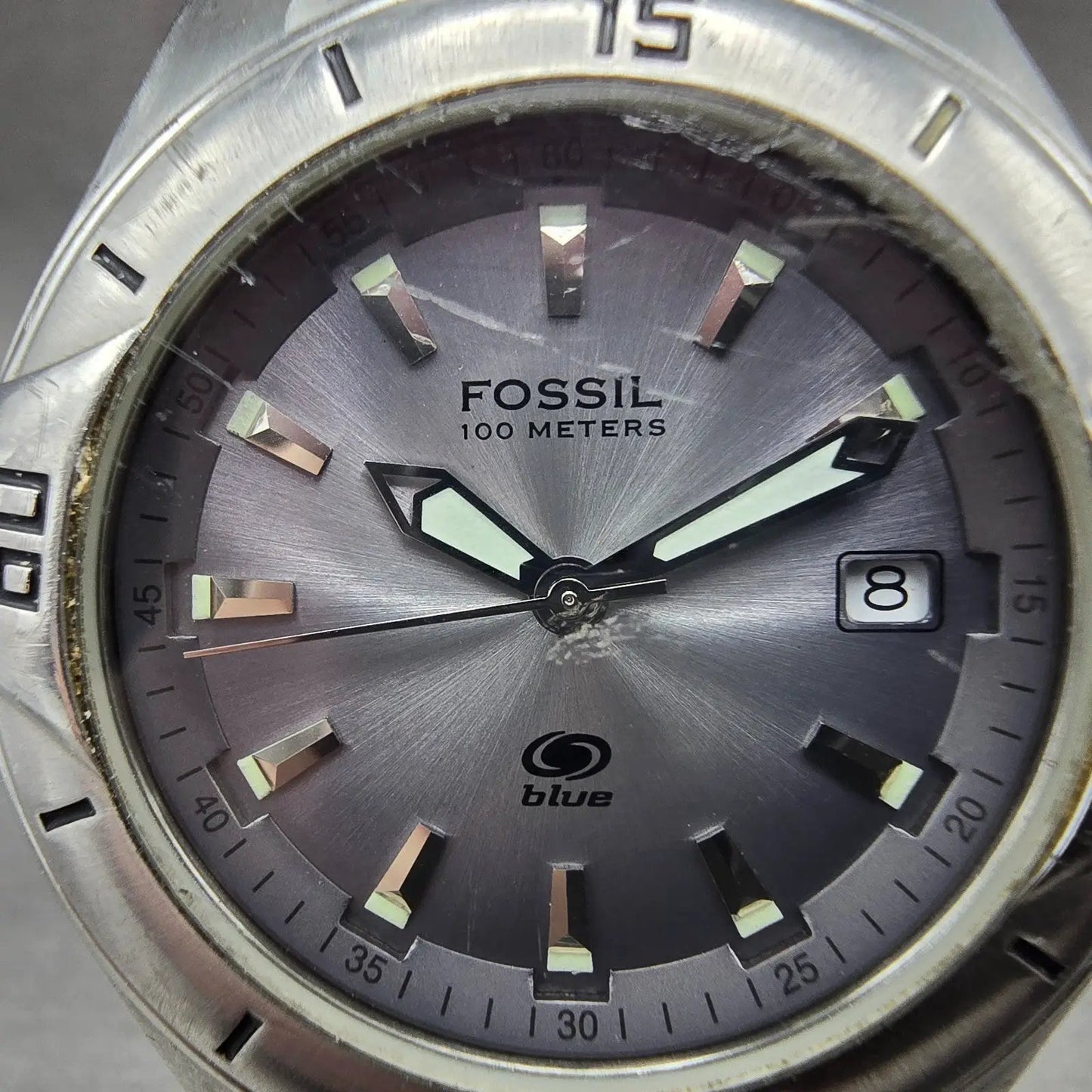 Fossil Blue Dive Watch Men 40mm Silver Dial Silver Tone Date AM-3723 New Battery1