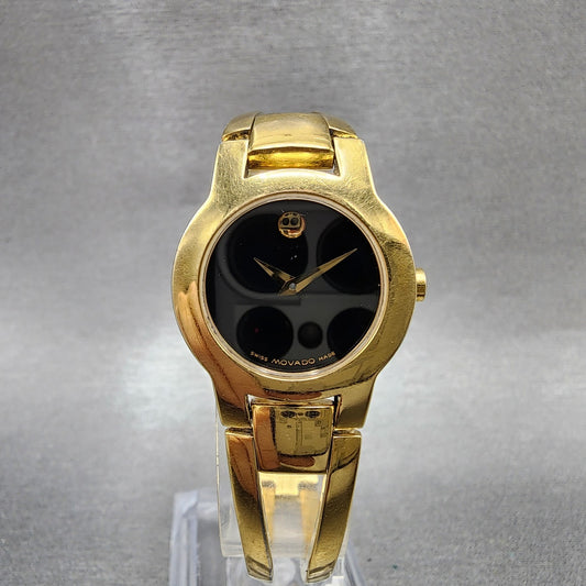 Movado Amorosa Watch Women 24mm Black Dial Gold Tone Round 88 E4 1842 New Batt0