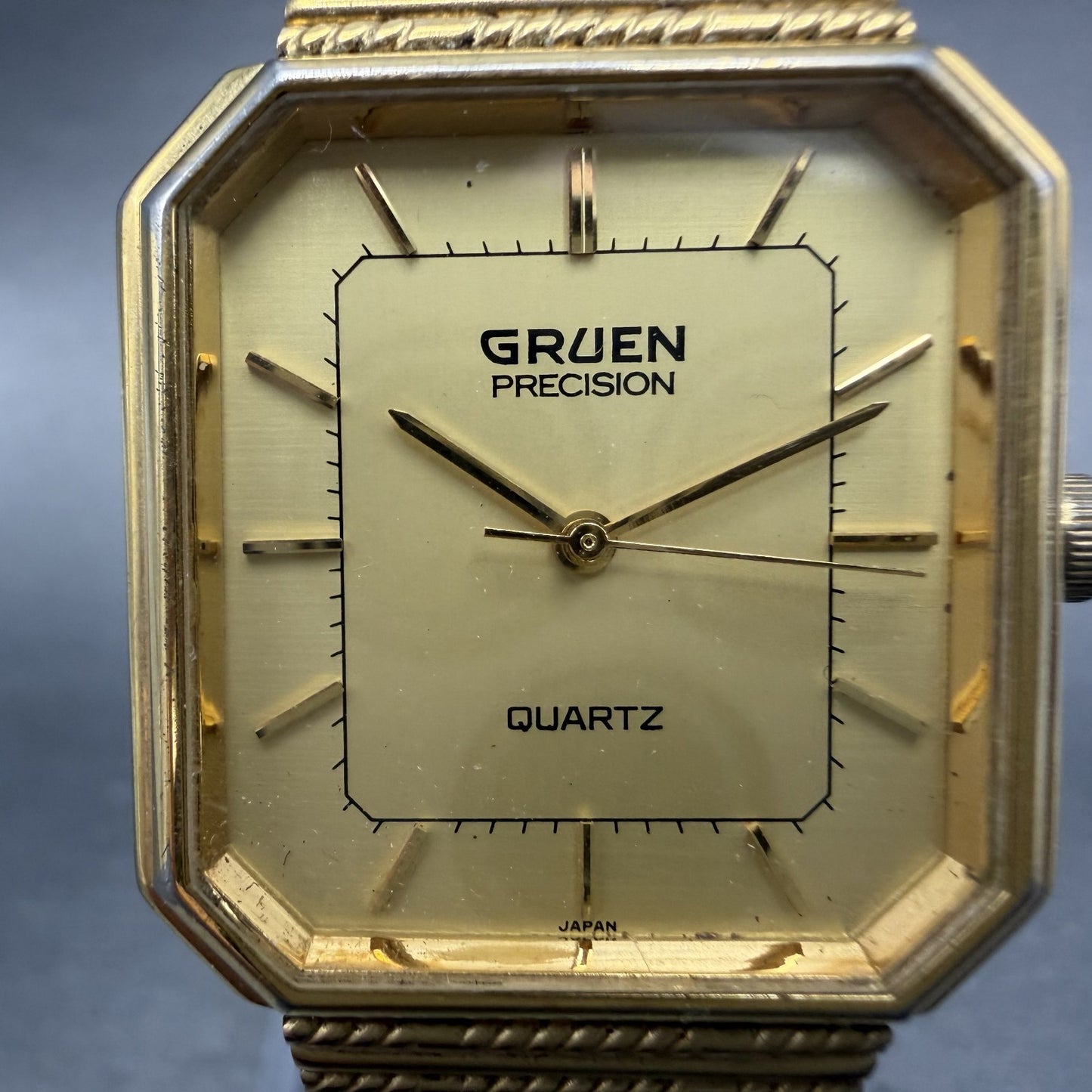 Gruen Precision Tank Watch Men 28mm Gold Dial Gold Tone Octagon New Battery VTG1