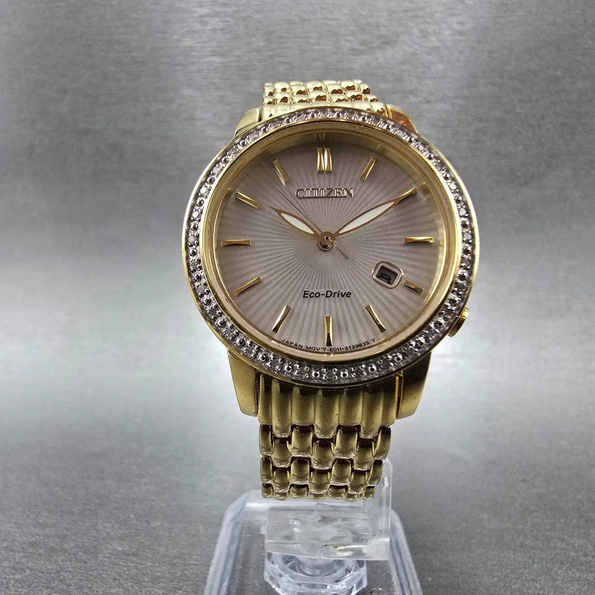 Citizen Eco-Drive Watch Women 30mm MOP Dial Gold Date Diamonds EW2282-52D Runs5
