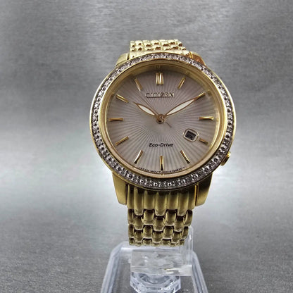 Citizen Eco-Drive Watch Women 30mm MOP Dial Gold Date Diamonds EW2282-52D Runs5
