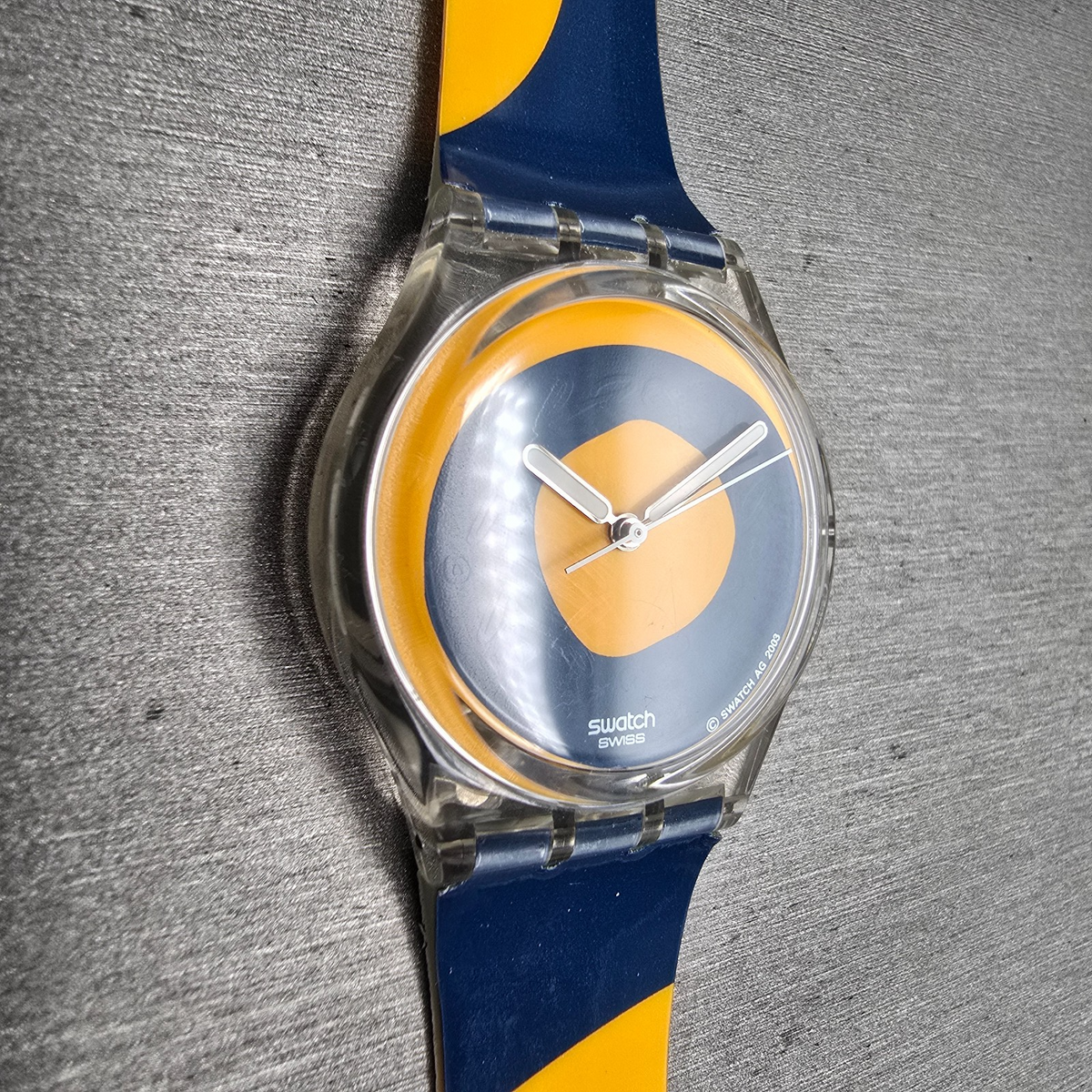 Swatch Kymata Watch Men 34mm Blue Dial Clear Case Round GE148 New Battery3