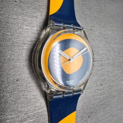 Swatch Kymata Watch Men 34mm Blue Dial Clear Case Round GE148 New Battery3