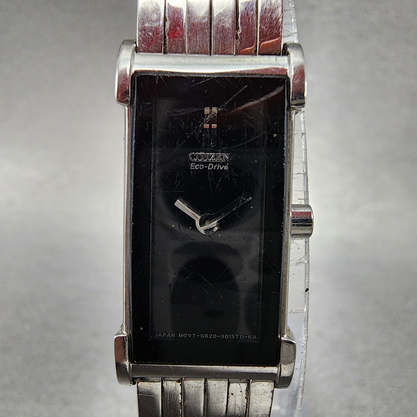 Citizen EcoDrive Tank Watch Women 14mm Black Dial Silver Tone Rectangle Runs1
