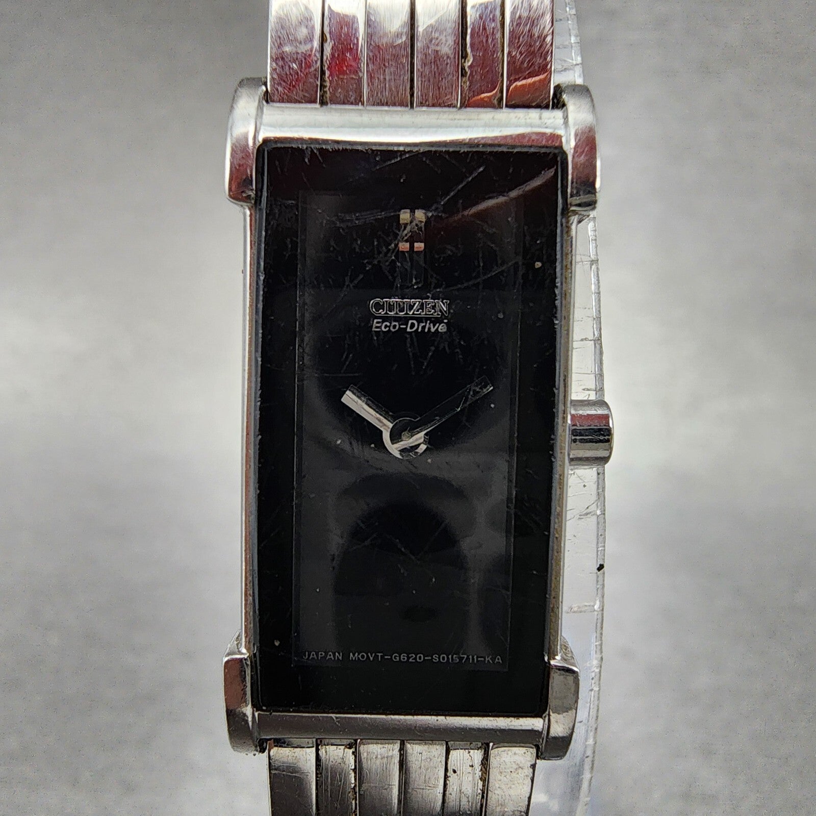 Citizen EcoDrive Tank Watch Women 14mm Black Dial Silver Tone Rectangle Runs1