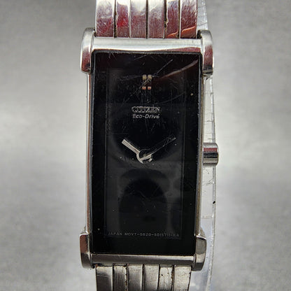 Citizen EcoDrive Tank Watch Women 14mm Black Dial Silver Tone Rectangle Runs1
