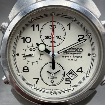 Seiko Chronograph Watch Men 40mm White Dial Silver Tone Date 7T32-7G00 New Batt1