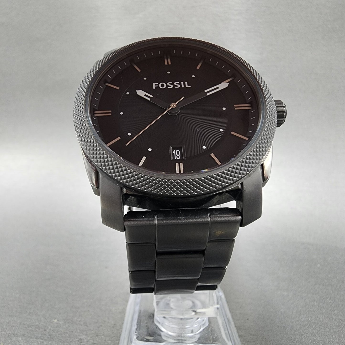 Fossil Machine Watch Men 42mm Black Dial Gray Tone Date Round FS4774 New Batt5