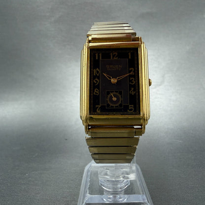 Gruen Tank Watch Men 26mm Black Dial Gold Tone Rectangle 227-V253 New battery5