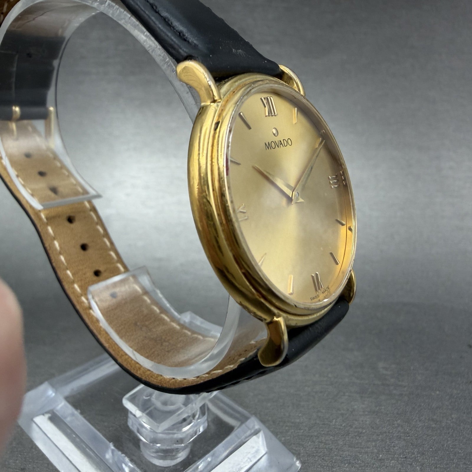 Movado Watch Men 34mm Gold Dial Gold Tone Round 87-E4-0885 Leather New BatteryAB3