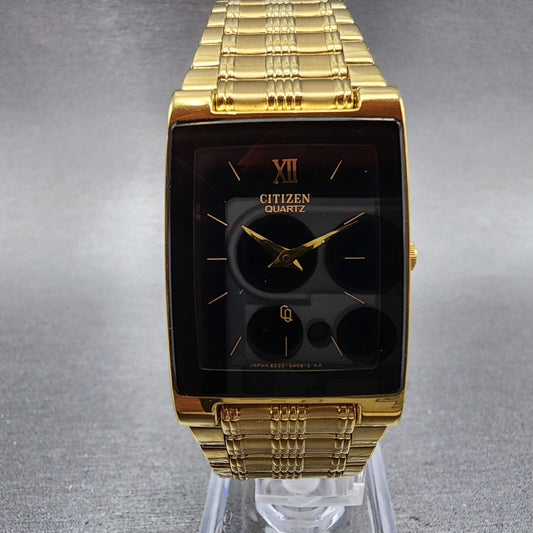 Citizen CQ Tank Watch Men 25mm Black Dial Gold Tone 1022-H14231 New Battery