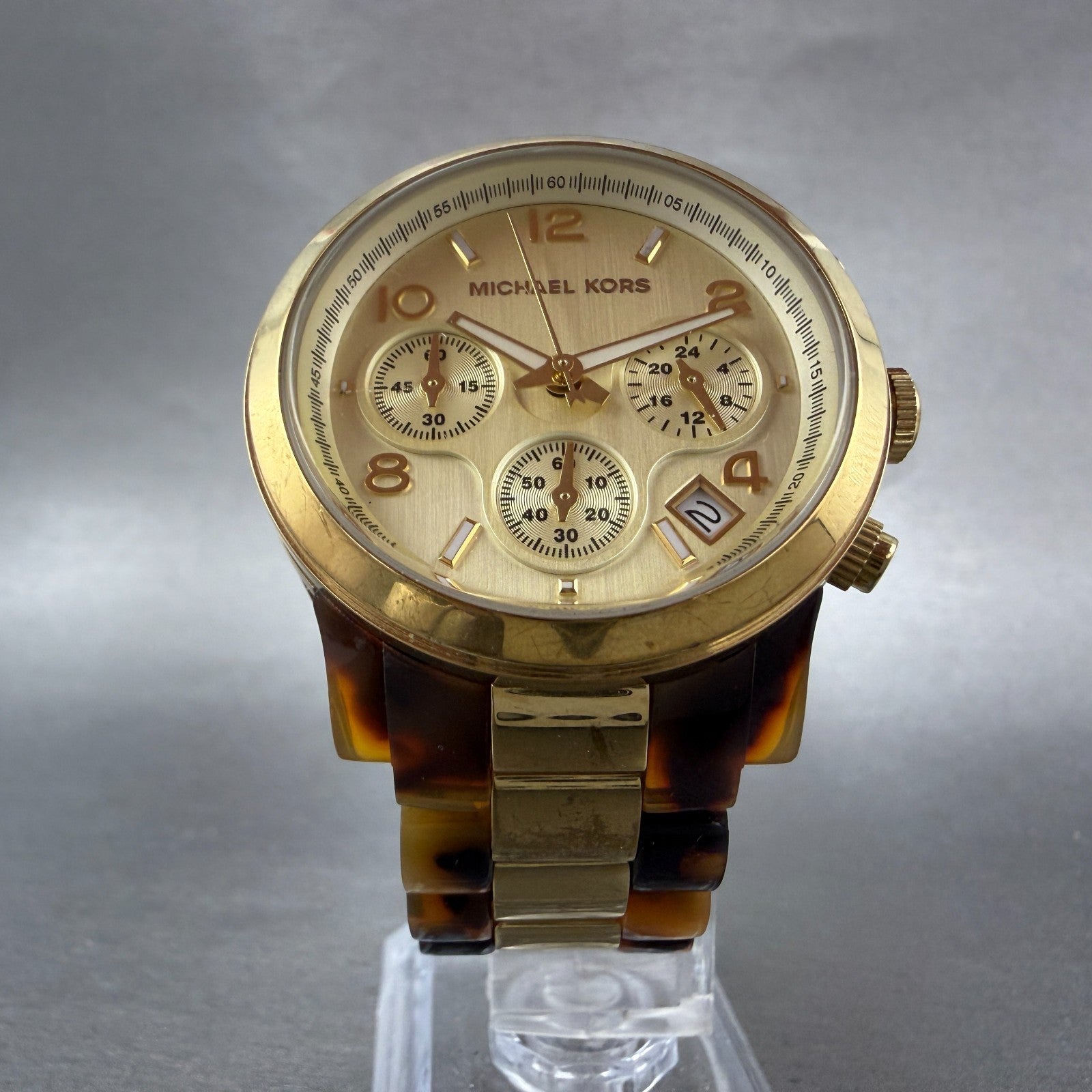 Michael Kors Runway Chrono Watch Women 38mm Champagne Dial Gold & Brown New Batt5