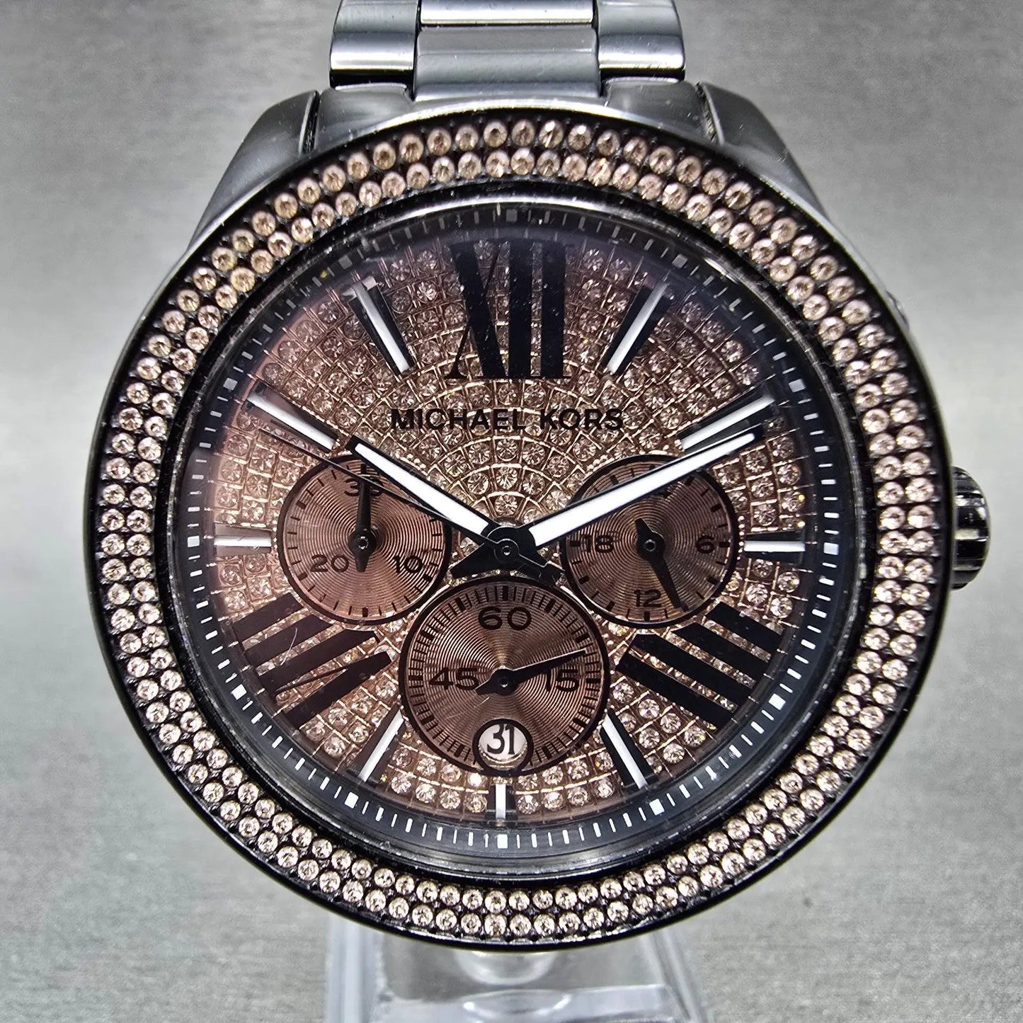 Michael Kors Wren Chronograph Watch Women 42mm Pink Dial Black Tone Dat New Batt0