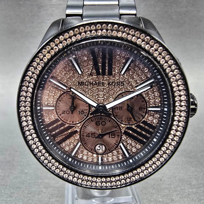 Michael Kors Wren Chronograph Watch Women 42mm Pink Dial Black Tone Dat New Batt0