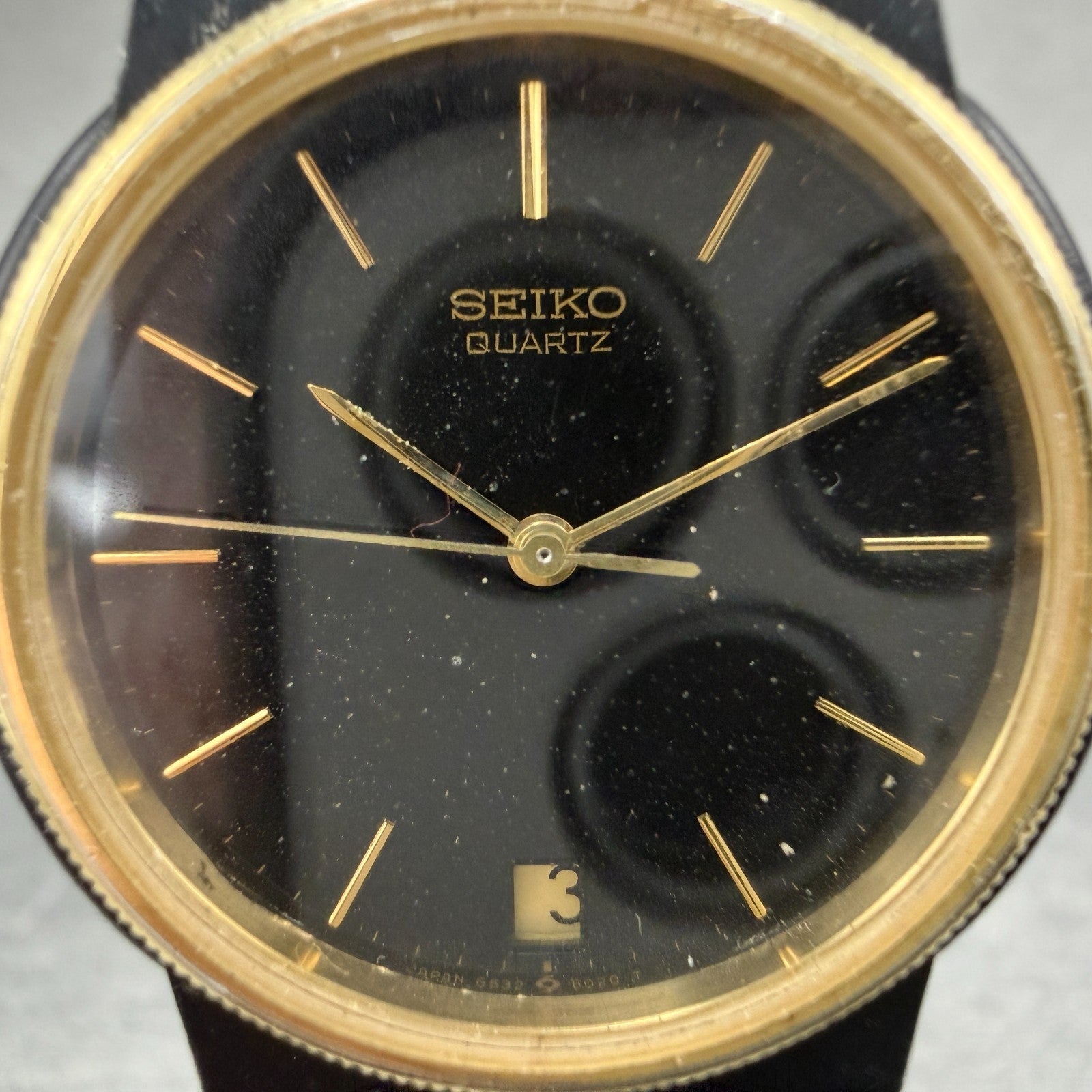 Seiko Watch Men 32mm Black Dial Black Gold Tone Date Round 6532-6039 New Battery2