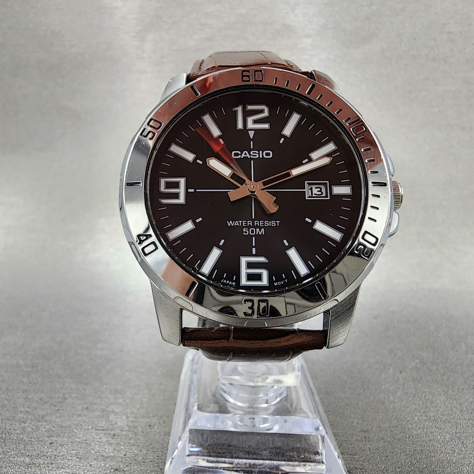 Casio MTPVD01 Watch Men 43mm Black Dial Steel Date Round Leather New Battery5