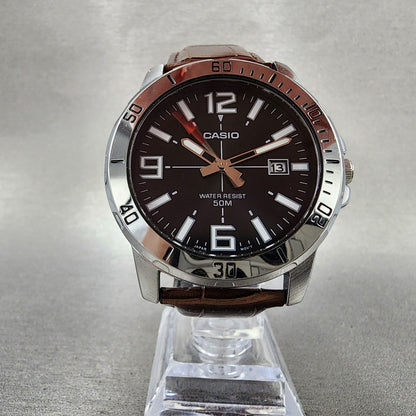 Casio MTPVD01 Watch Men 43mm Black Dial Steel Date Round Leather New Battery5