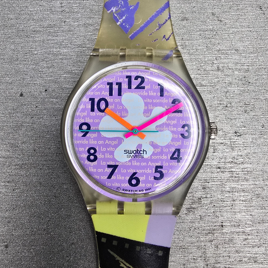 Swatch Rave Watch Women 34mm Purple Dial Clear Case Round GK134 New Battery0