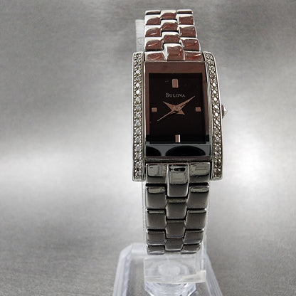 Bulova Tank Watch Women 18mm Black Dial Steel Crystals Rectangle New Battery