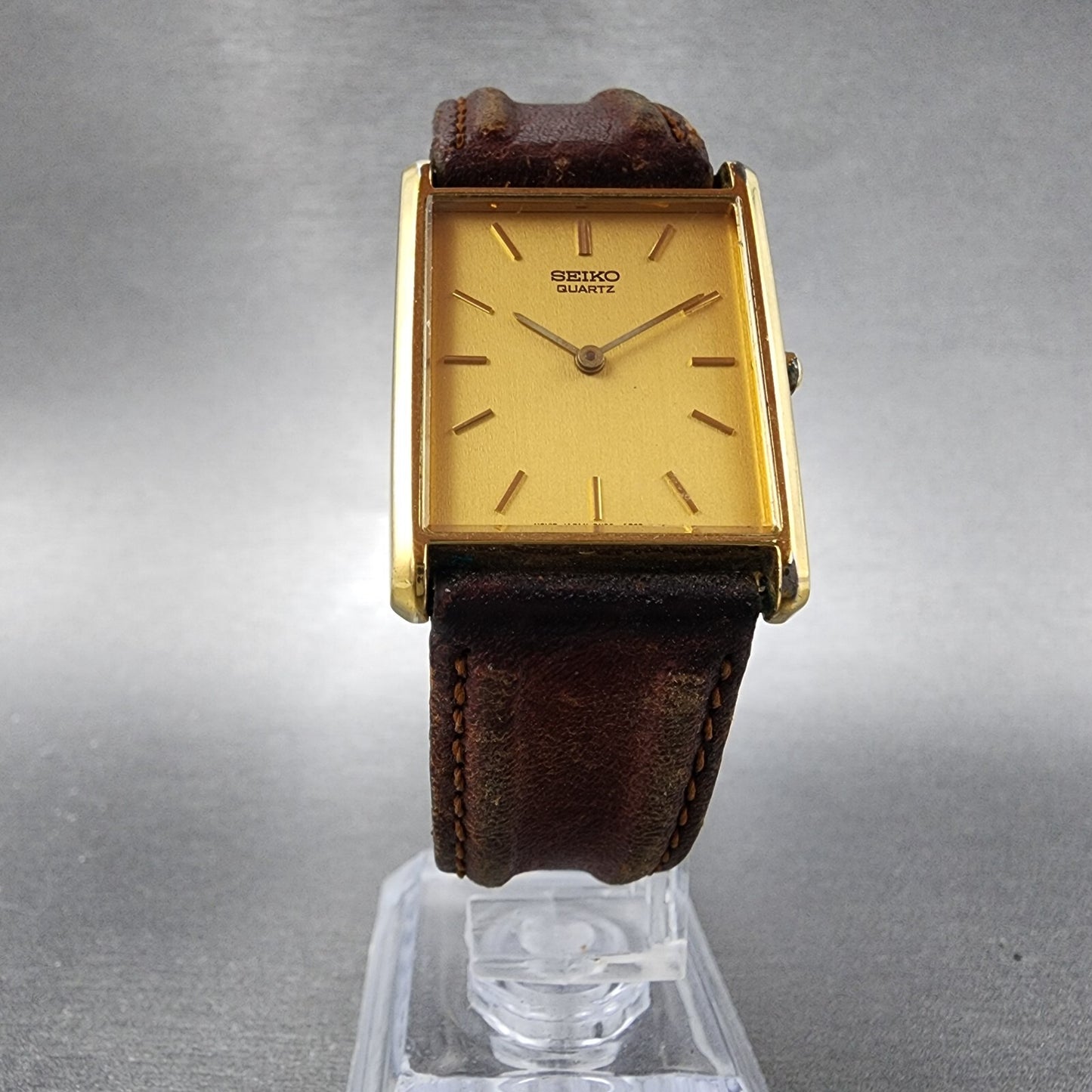 Seiko Tank Watch Men 25mm Gold Dial Gold Tone Rectangle 7N00-5B29 New Battery