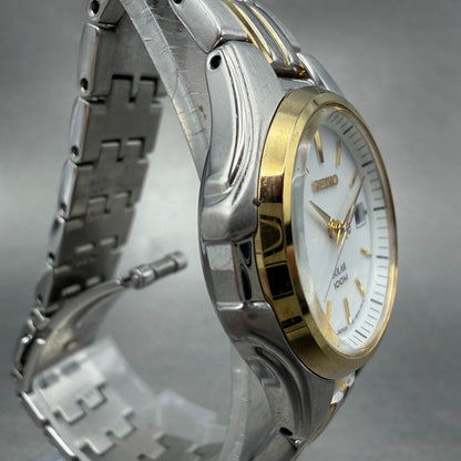 Seiko Solar Watch Women 28mm White Dial Two Tone Date Round V137-0BM0 Runs3