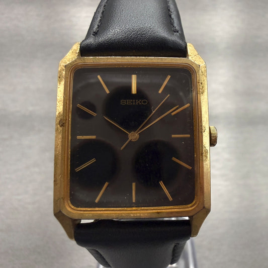 Seiko Watch Men 25mm Black Dial Gold Tone Rectangle 5P31-5330 New Battery0