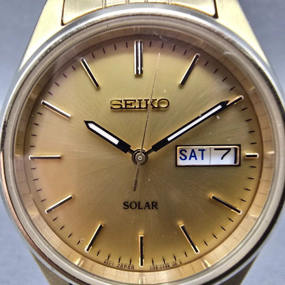 Seiko Solar Watch Men 37mm Champagne Dial Gold Tone Daydate V158-0aa0 Runs NKJWW1