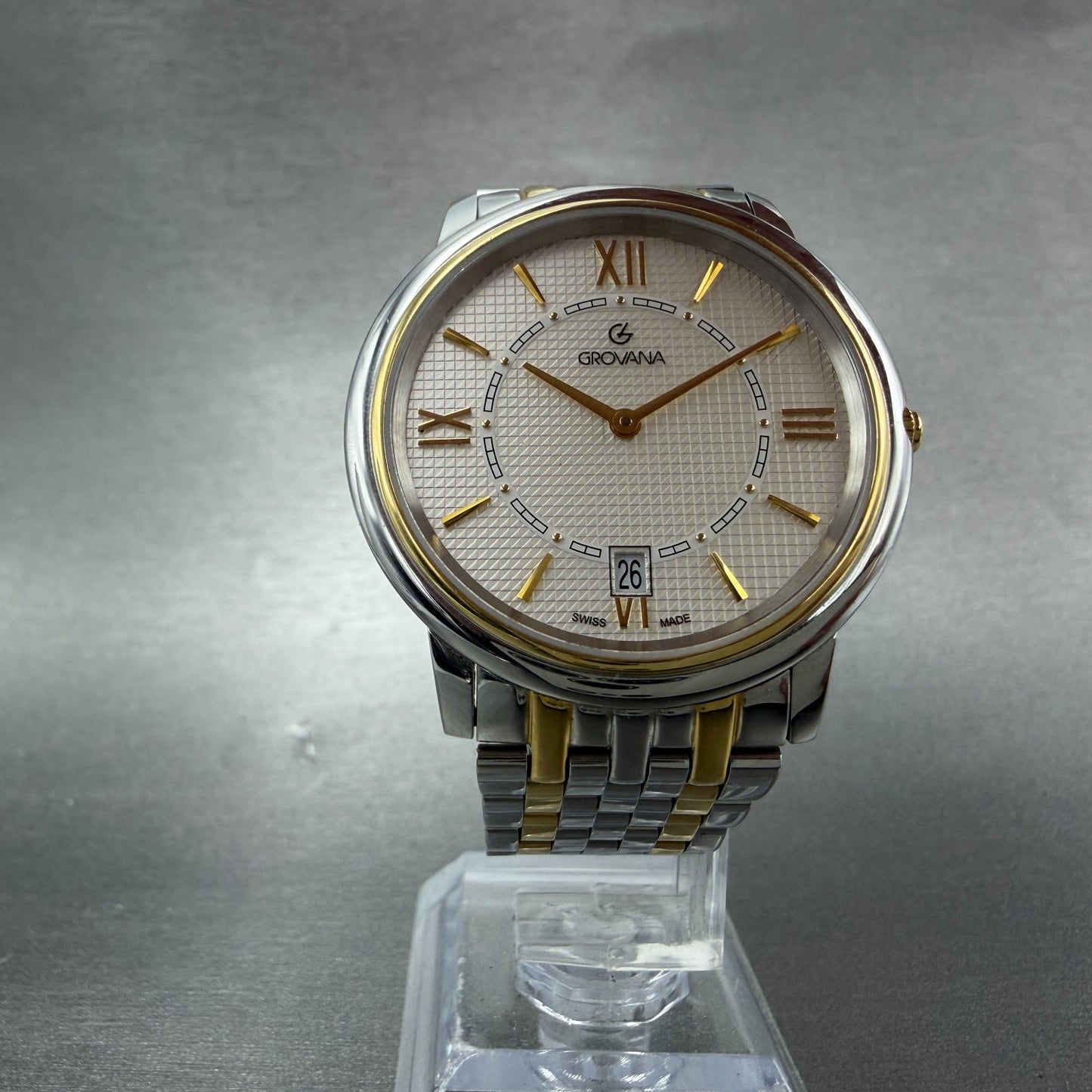 Grovana Watch Men 38mm White Dial Two Tone Date Round New Battery 170815