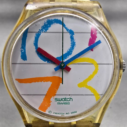 Swatch Gent AT SCHOOL Watch Men White Dial Clear Case Round GE167 New Battery1