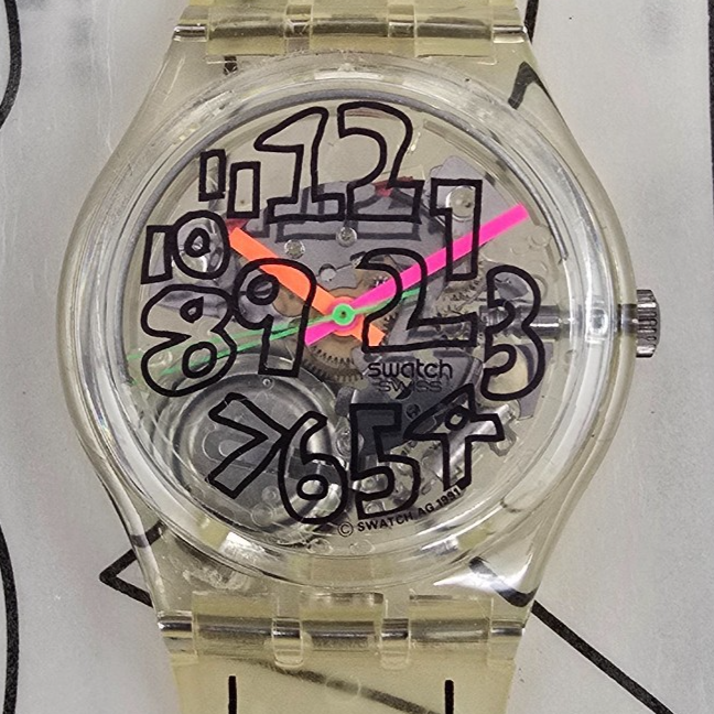 Swatch Scribble Watch Men 34mm Skeleton Dial Clear Case GZ124 New Battery NOS1