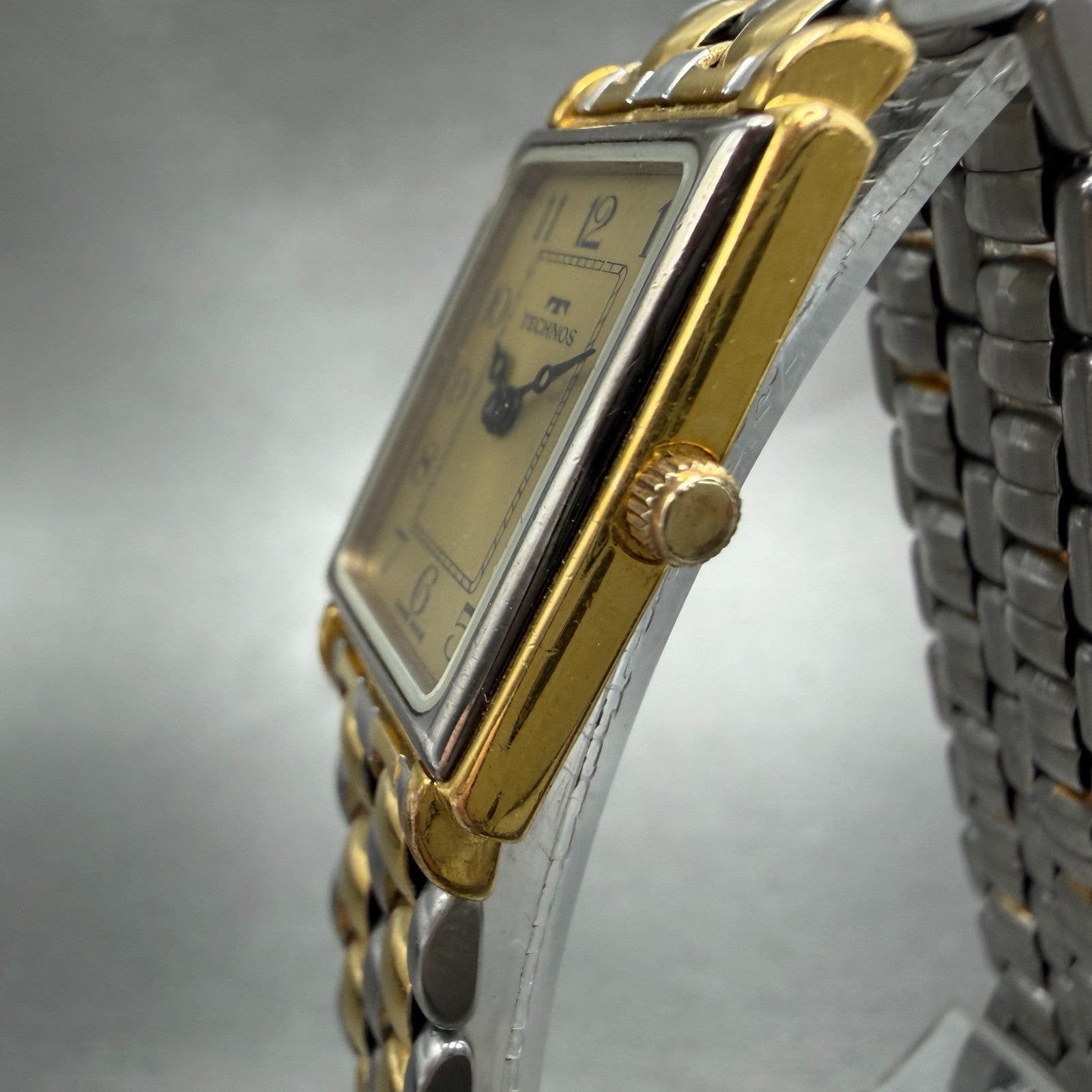 Technos Tank Watch Women 18mm Gold Dial Two Tone  Rectangle New Battery2