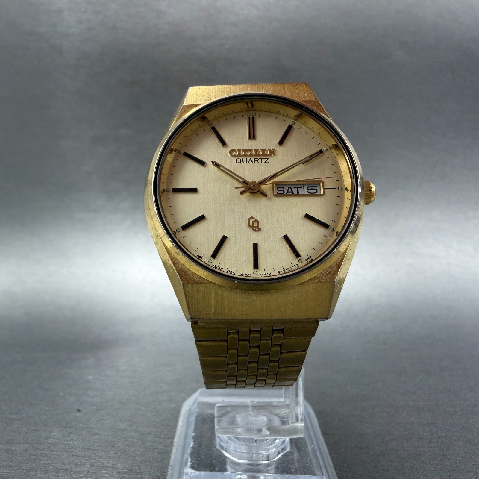Citizen CQ Watch Men 35mm Champagne Dial Gold Tone Daydate READ!!!!! New Battery5
