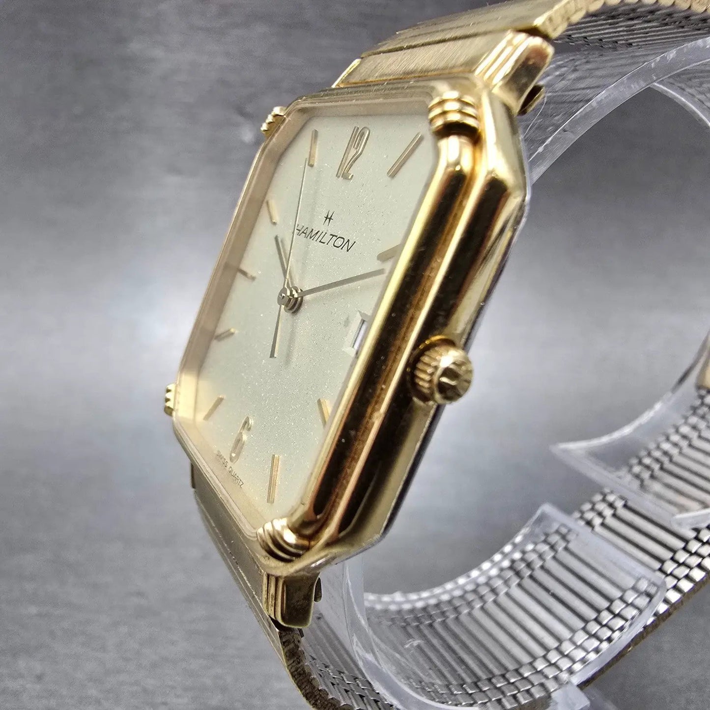 Hamilton Watch Men 28mm Gold Dial Gold Tone Date Rectangle 8000 New Battery2
