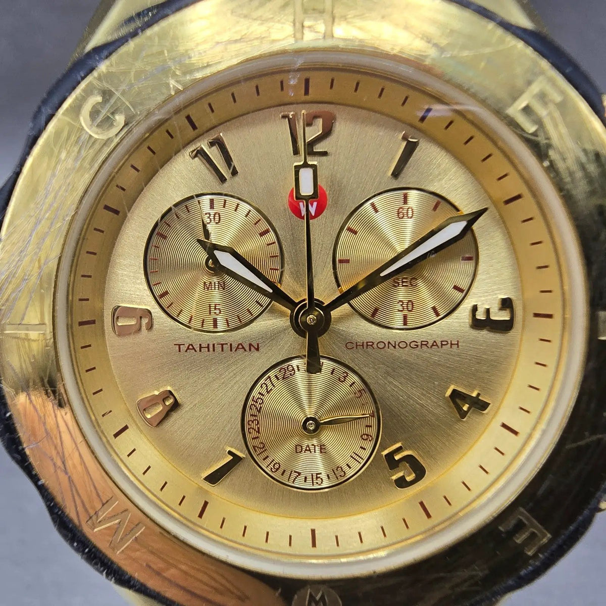 Michele Tahitian Chronograph Watch Women 40mm Black Dial Gold Date New Battery1