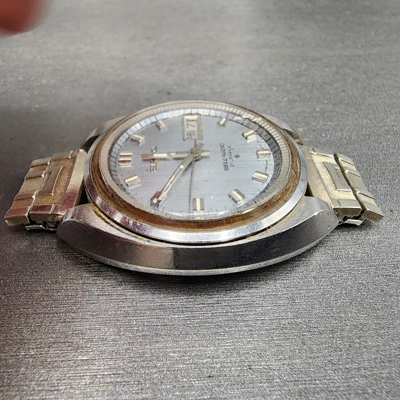 Seiko BellMatic Watch Men 38mm Silver Dial Silver Tone Daydate Alarm PARTS4