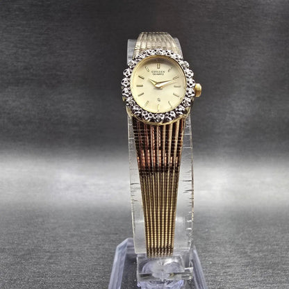 Citizen CQ Watch Women 17mm Cream Dial Gold Tone Gemmed 3220 New Battery NOS8