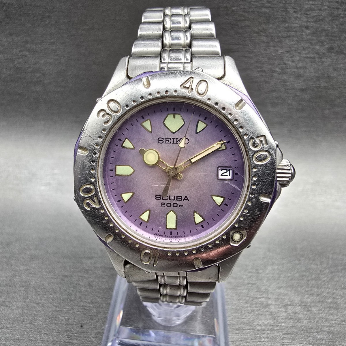 Seiko Scuba Watch Men 36mm Purple Dial Silver Date Round 7N35-6010 New Battery0